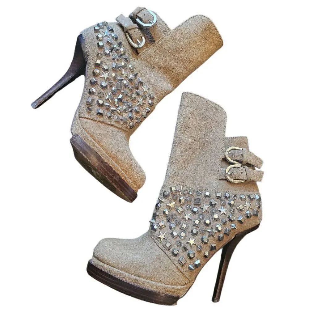 Jeffrey Campbell Ibiza Last Booties Women's 6.5 Tan Carnegie Studded Stilleto